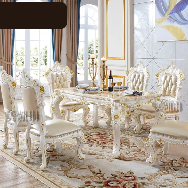 European-style White Gold-painted Solid Wood  Pink Dragon Jade Marble Long Leather Dining Chair  Diningroom Furniture - Image 12