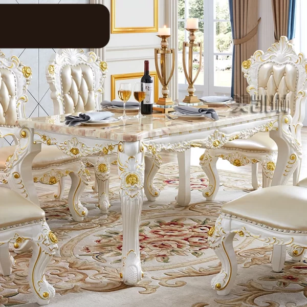 European-style White Gold-painted Solid Wood  Pink Dragon Jade Marble Long Leather Dining Chair  Diningroom Furniture - Image 11