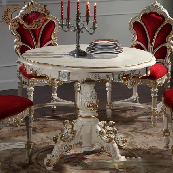 Luxury dining table European classical hand carved furniture solid wood hand table round dining table