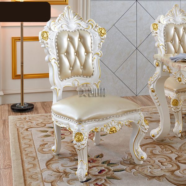 European-style White Gold-painted Solid Wood  Pink Dragon Jade Marble Long Leather Dining Chair  Diningroom Furniture - Image 10