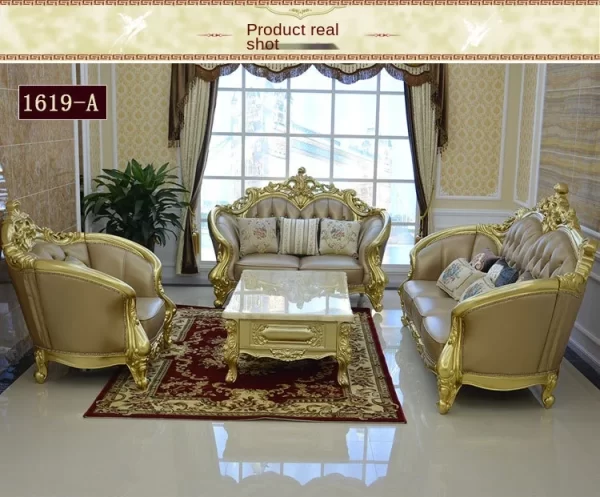 European-style Leather Sofa Combination 123 Hotel Living Room Furniture Luxury Large All Solid Wood Oak Champagne - Image 9