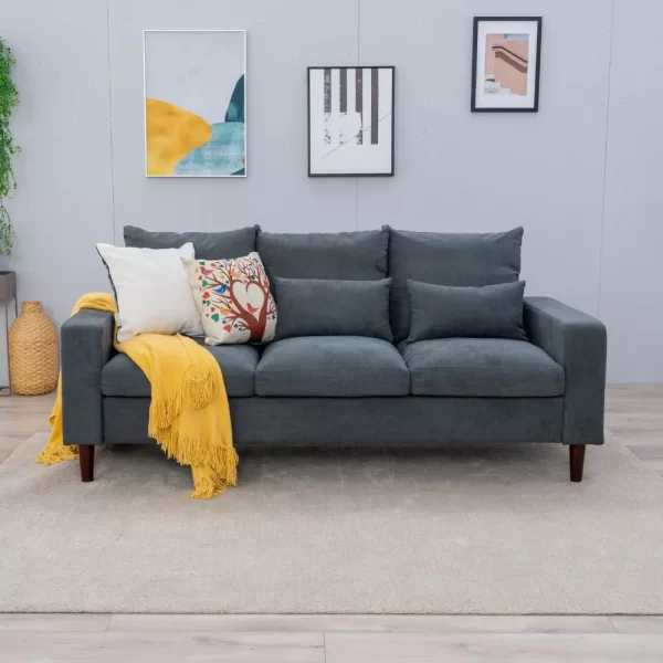 3 Seat Designer Sofa Couch Linen Fabric Wood Legs, GreySeats Have 100% Pure White Polyester Fibre Filling And Pocket Spring