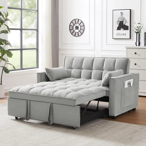 Convertible Sleeper Sofa Bed, Velvet Tufted Loveseat Couch with Pull Out Bed with 2 Pillows, Living Room Sofa - Image 10