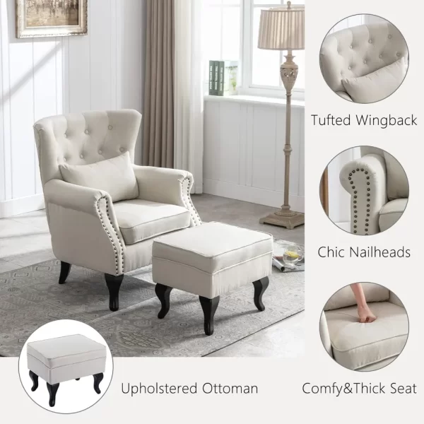 Chair with Ottoman, Armchair Comfy Linen Fabric Tufted Wingback Single Sofa with Ottoman for Bedroom Living Room, Beige - Image 5