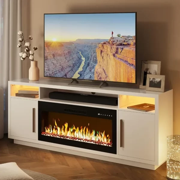 70" Fireplace TV Stand for TVs Up to 75", LED Light Entertainment Center with 36" Electric Fireplace Heater, Storage Cabinet - Image 2