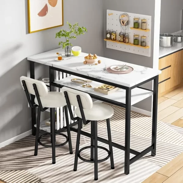 Furniture Kitchen Bar Height Table and Chairs,Faux Marble Top and 2 PU Leather Upholstered Seat Black Frame,Modern Dining Set - Image 2