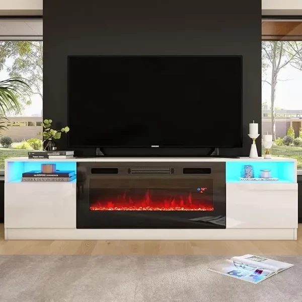 80" TV Stand with 40" Electric Fireplace Large Modern Wood Texture Media Entertainment Center with Highlight Storage Cabinet - Image 8