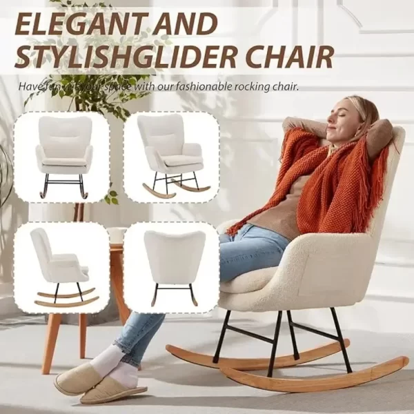 Rocking ChairUpholstered Chairs with High Backrest, Glider Recliner Nursery Chair with Pocket for Bedroom Living Room Offices - Image 4