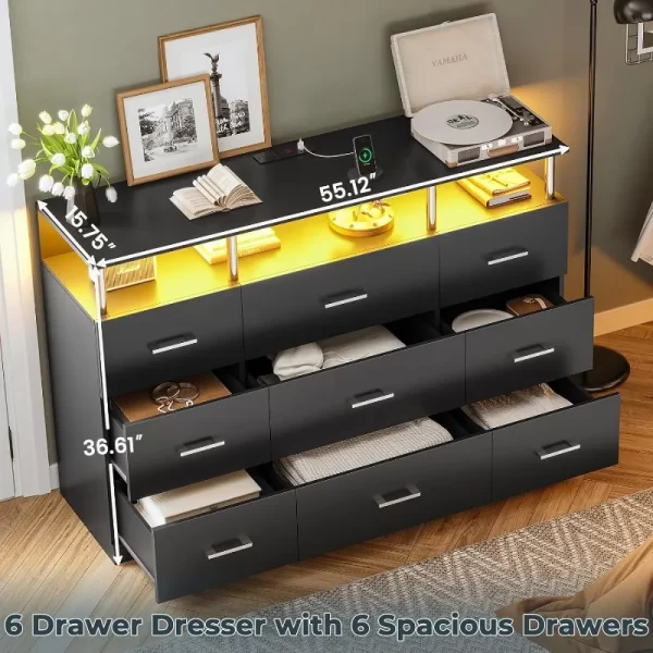 Black Dresser for Bedroom with 9 Drawers, Dressers & Chests of Drawers Column Design Charging Station - Image 3