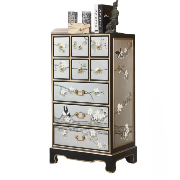 ~2024 new new Chinese-style painted flower and bird bedroom multi-drawer storage locker solid wood sofa corner cabinet