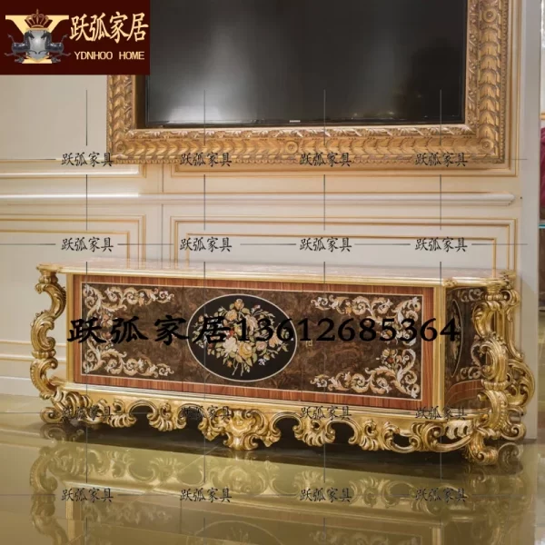 Bedroom Mosaic TV Cabinet European-Style Solid Wood Carved Gold Foil Floor Cabinet Living Room Display Cabinet - Image 6