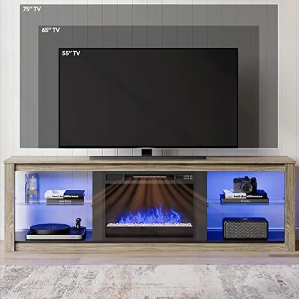 Adjustable Glass Shelves Electric Fireplace TV Stand TVs Up to 75" Modern LED Entertainment Center - Image 19