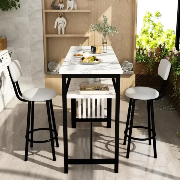 Furniture Kitchen Bar Height Table and Chairs,Faux Marble Top and 2 PU Leather Upholstered Seat Black Frame,Modern Dining Set - Image 4