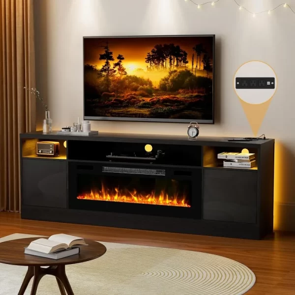 70'' TV Stand with 36'' Fireplace-LED Light Entertainment Center for 75+ inch TV-Black TV Cabinet with Storage,Modern TV Console