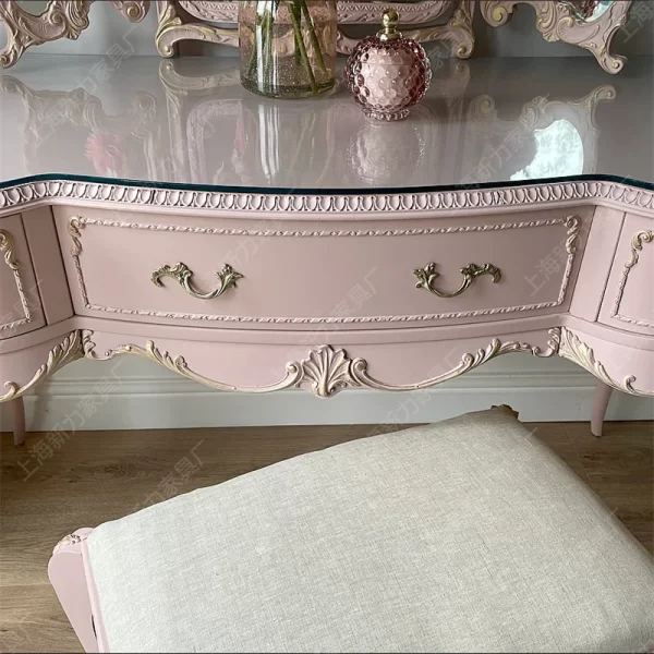 Vintage distressed pink dressing table, solid wood carved - Image 20