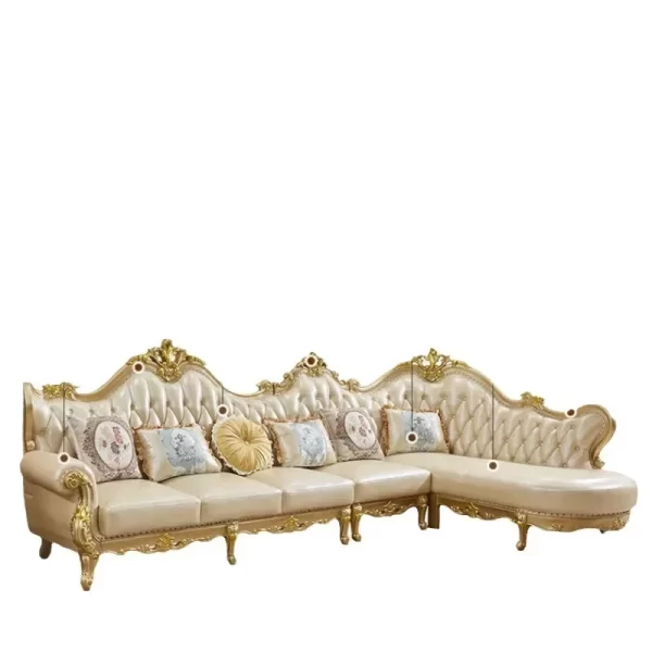 European leather corner sofa combination solid wood luxury living room noble gold first layer cowhide villa set furniture - Image 5