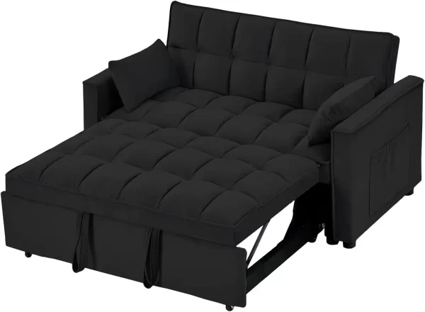 Convertible Sleeper Sofa Bed, Velvet Tufted Loveseat Couch with Pull Out Bed with 2 Pillows, Living Room Sofa - Image 8