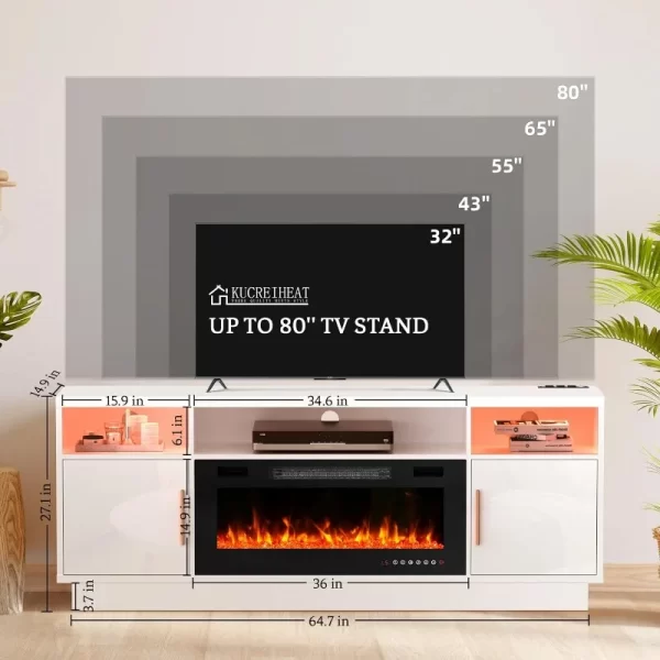 70'' TV Stand with 36'' Fireplace-LED Light Entertainment Center for 75+ inch TV-Black TV Cabinet with Storage,Modern TV Console - Image 6