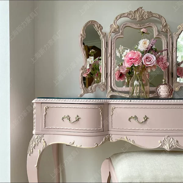 Vintage distressed pink dressing table, solid wood carved - Image 4