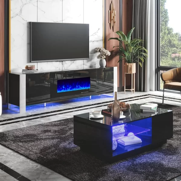 3 Piece Living Room Table Sets, 70" Modern High Gloss TV Stand LED Lights, 36" Electric Fireplace, 40" Coffee Tables for Living - Image 7