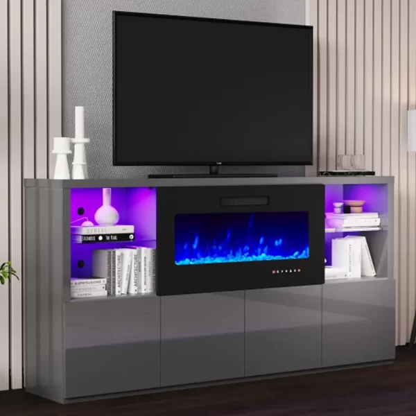 68" Fireplace TV Stand with 40" Fireplace, Modern High Gloss Entertainment Center LED Lights for TVs up to 78", Console Glass - Image 7