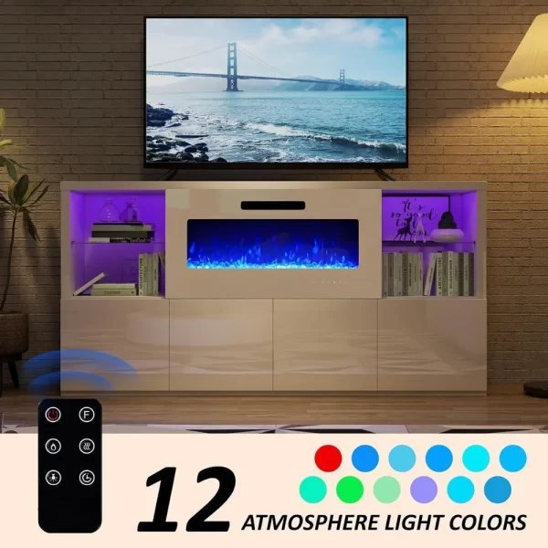 68" Fireplace TV Stand with 40" Fireplace, Modern High Gloss Entertainment Center LED Lights for TVs up to 78", Console Glass - Image 14