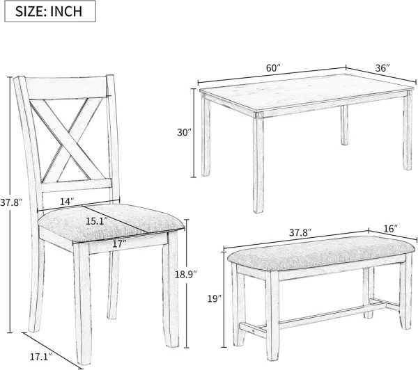 Dining Table Set for 6, Wood Rectangular Dining Table and 4 Fabric Chairs & Bench, 6-Piece Kitchen Table Set for Dining Room - Image 2