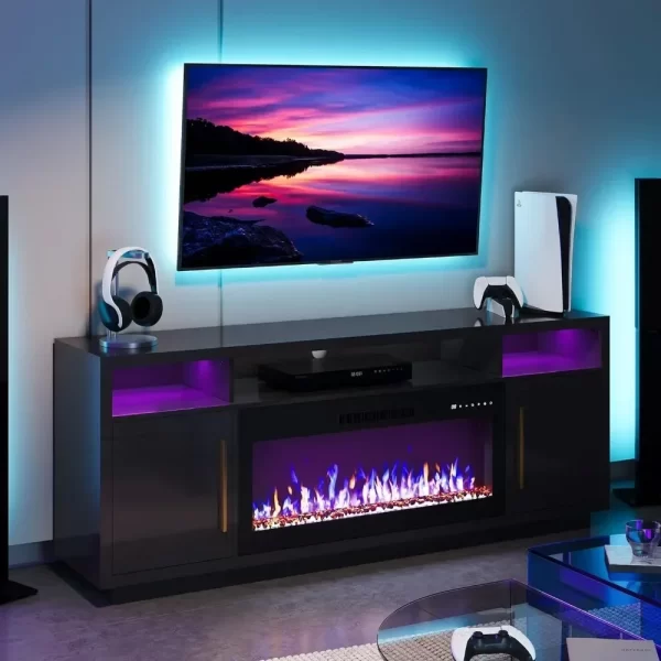 70" Fireplace TV Stand for TVs Up to 75", LED Light Entertainment Center with 36" Electric Fireplace Heater, Storage Cabinet - Image 7