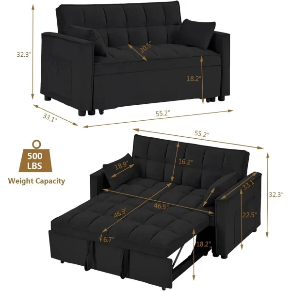 Convertible Sleeper Sofa Bed, Velvet Tufted Loveseat Couch with Pull Out Bed with 2 Pillows, Living Room Sofa - Image 5