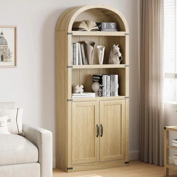 Bookcase with Doors Arched Bookshelf 71.65in Tall Farmhouse Cabinet Shelves Wooden Bookshelves for Home Office, Living Room - Image 7