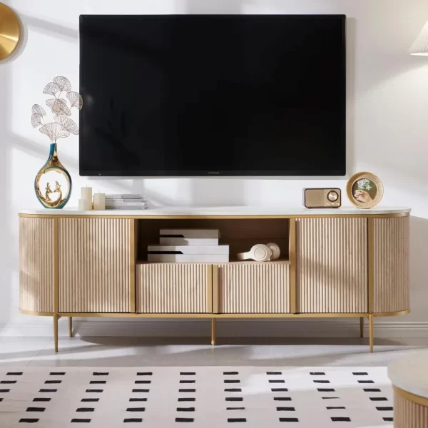 Luxury 70" Fluted TV Stand, Modern Entertainment Center for TVs Up to 80 inches, TV Console with Faux Marble Top - Image 10