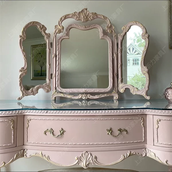 Vintage distressed pink dressing table, solid wood carved - Image 18