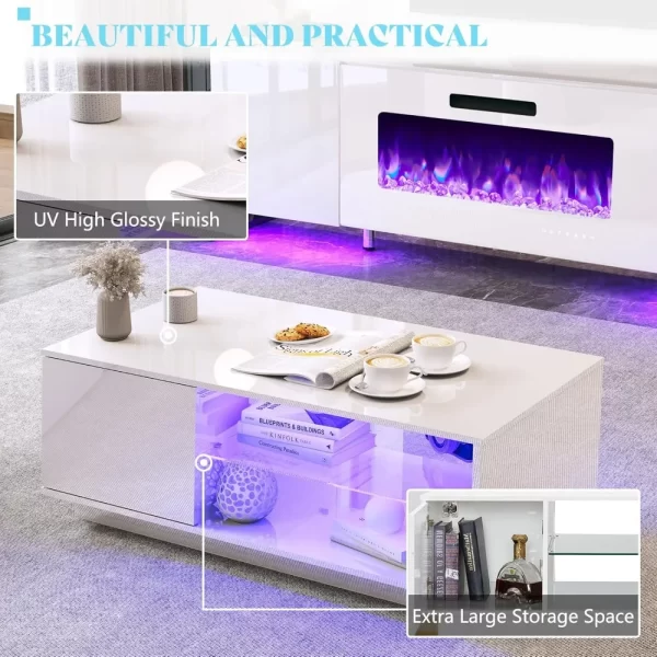 3 Piece Living Room Table Sets, 70" Modern High Gloss TV Stand LED Lights, 36" Electric Fireplace, 40" Coffee Tables for Living - Image 3