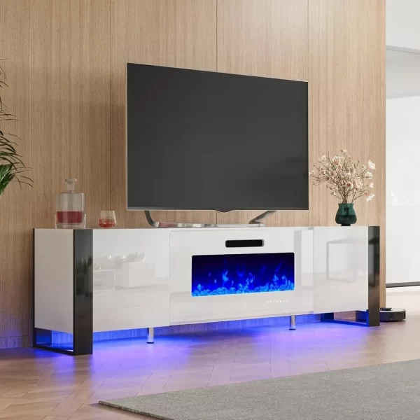 TV Stand with 36" Fireplace for TVs Up To 80", U-Shaped Legs, 70" Modern High Gloss Entertainment Center LED Lights - Image 7