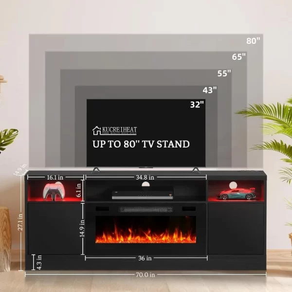 70'' TV Stand with 36'' Fireplace-LED Light Entertainment Center for 75+ inch TV-Black TV Cabinet with Storage,Modern TV Console - Image 12