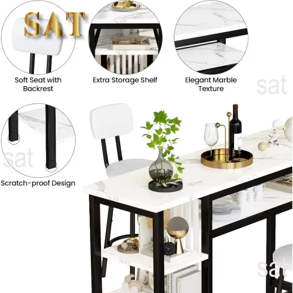 Furniture Kitchen Bar Height Table and Chairs,Faux Marble Top and 2 PU Leather Upholstered Seat Black Frame,Modern Dining Set - Image 12