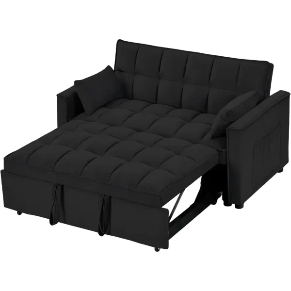 Convertible Sleeper Sofa Bed, Velvet Tufted Loveseat Couch with Pull Out Bed with 2 Pillows, Living Room Sofa - Image 6