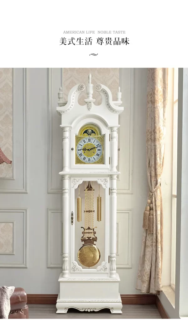 Retro the Grandfather Clock Living Room Solid Wood Vertical Bell Mechanical Villa Pendulum Clock White Clock - Image 8