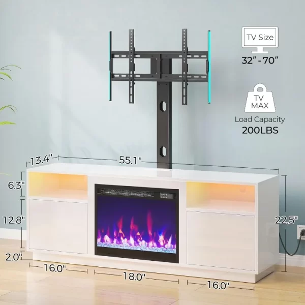 Fireplace TV Stand with Led Lights and Power Outlets, Entertainment Center with Electric Fireplace, Swivel TV Stand Mount - Image 3