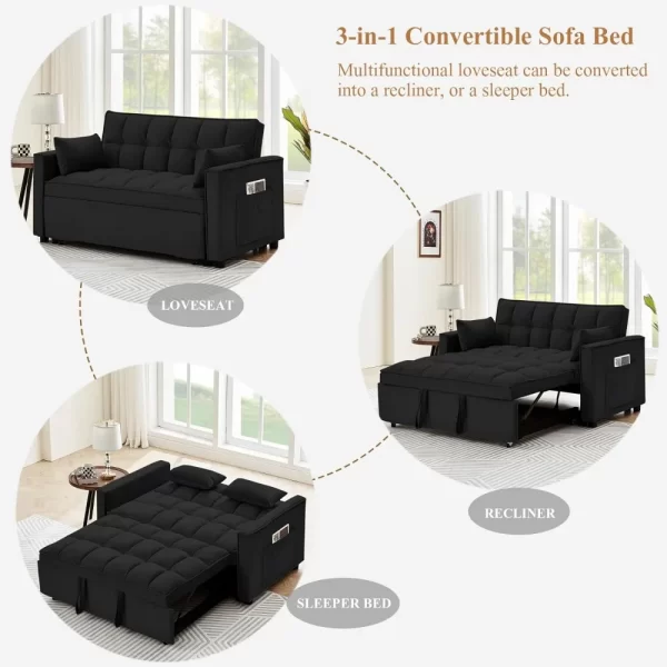 Convertible Sleeper Sofa Bed, Velvet Tufted Loveseat Couch with Pull Out Bed with 2 Pillows, Living Room Sofa - Image 4