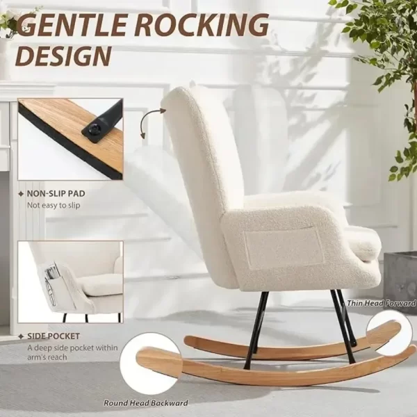 Rocking ChairUpholstered Chairs with High Backrest, Glider Recliner Nursery Chair with Pocket for Bedroom Living Room Offices - Image 2