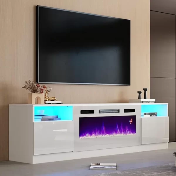 80" TV Stand with 40" Electric Fireplace Large Modern Wood Texture Media Entertainment Center with Highlight Storage Cabinet