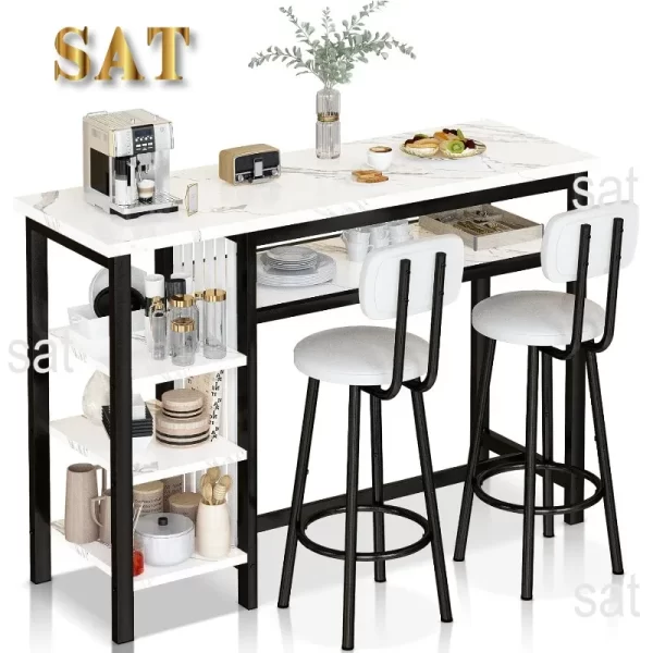 Furniture Kitchen Bar Height Table and Chairs,Faux Marble Top and 2 PU Leather Upholstered Seat Black Frame,Modern Dining Set - Image 8