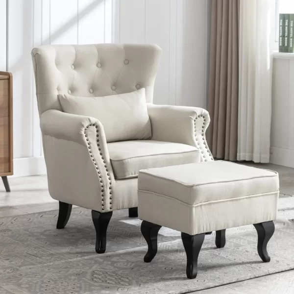 Chair with Ottoman, Armchair Comfy Linen Fabric Tufted Wingback Single Sofa with Ottoman for Bedroom Living Room, Beige