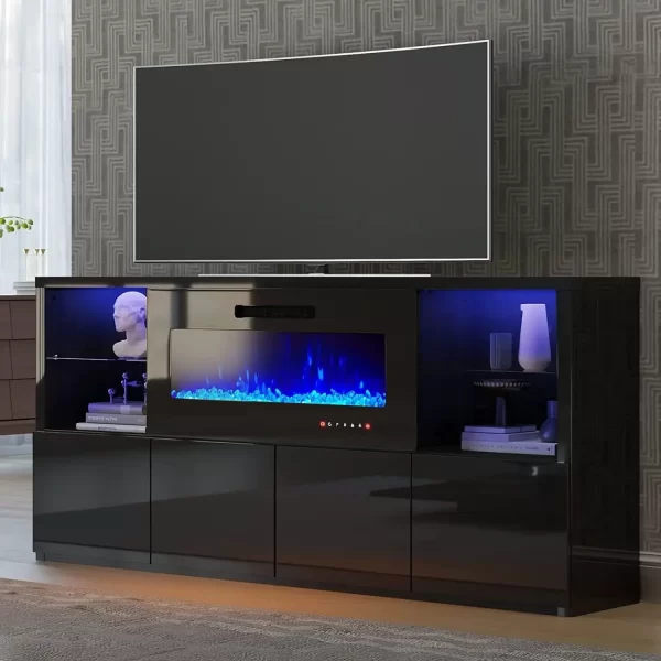 68" Fireplace TV Stand with 40" Fireplace, Modern High Gloss Entertainment Center LED Lights for TVs up to 78", Console Glass - Image 8