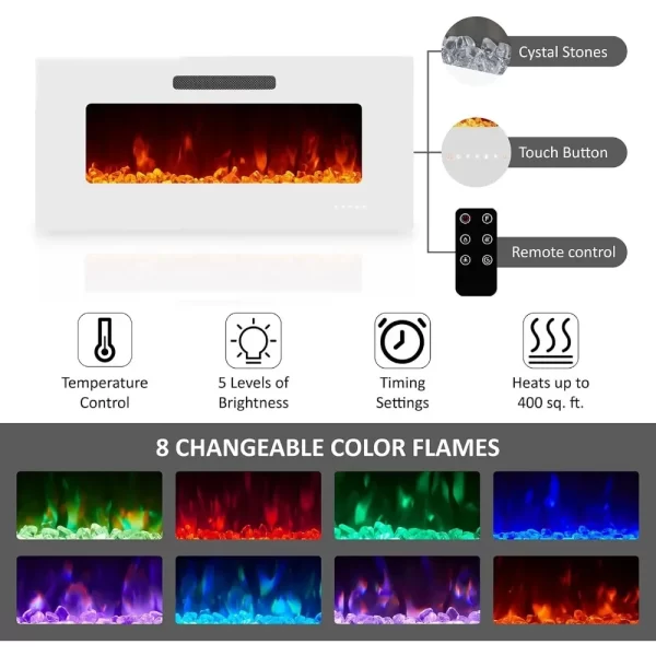 68" Fireplace TV Stand with 40" Fireplace, Modern High Gloss Entertainment Center LED Lights for TVs up to 78", Console Glass - Image 3