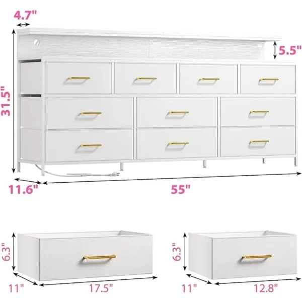 55" TV Stand Dresser with Large Storage Space, White Dresser for Bedroom with Power Outlet & LED Lights for Living Room Bedroom - Image 4