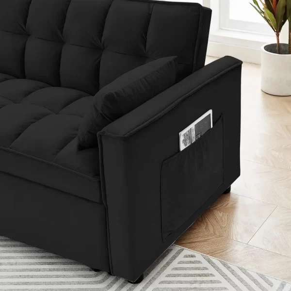 Convertible Sleeper Sofa Bed, Velvet Tufted Loveseat Couch with Pull Out Bed with 2 Pillows, Living Room Sofa - Image 3