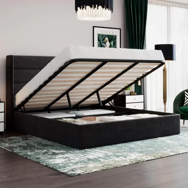 King Size Lift Up Storage Bed/Velvet Upholstered,Wingback Headboard,Upholstered Platform Bed Frame,Hydraulic Storage