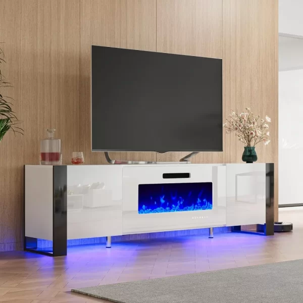 TV Stand with 36" Fireplace for TVs Up To 80", U-Shaped Legs, 70" Modern High Gloss Entertainment Center LED Lights